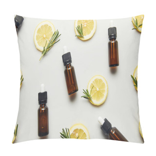 Personality  Flat Lay With Bottles Of Essential Oil, Lemon Slices And Rosemary On Grey Background Pillow Covers
