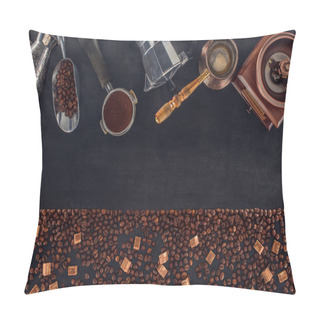 Personality  Top View Of Roasted Coffee Beans With Brown Sugar And Various Coffee Makers And Grinders On Black Pillow Covers