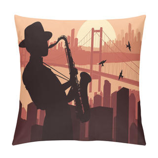 Personality  Saxophone Player In Skyscraper City Landscape Background Illustration Pillow Covers