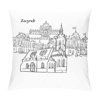 Personality  Famous Buildings Of Zagreb, Croatia (Hrvatska) Composition. Hand-drawn Black And White Vector Illustration. Grouped And Movable Objects. Pillow Covers