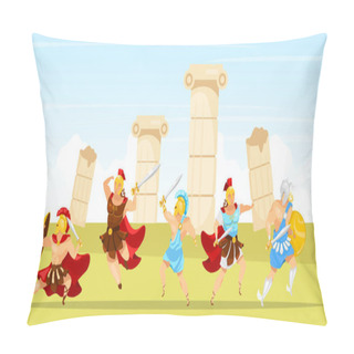 Personality  Battle Scene Flat Vector Illustration. Gladiators Fight. Man With Swords And Shield. Columns And Pillar Ruins. Fighter With Weapons. Spartan Army. Greek Mythology. Warriors Cartoon Characters Pillow Covers