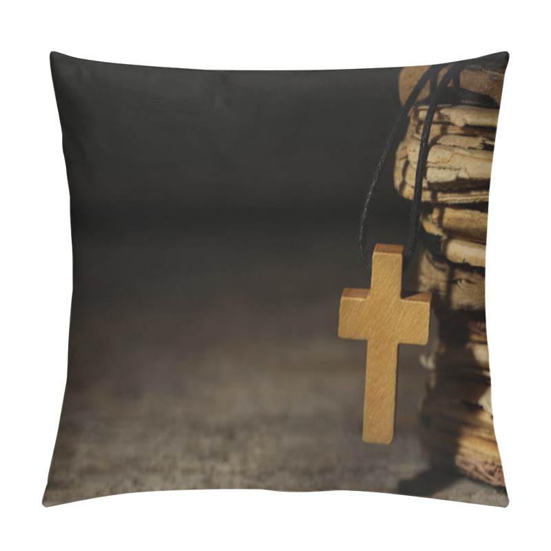 Personality  Wooden Christian Cross And Old Books On Table, Closeup. Space For Text Pillow Covers