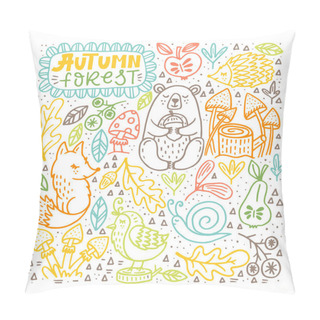 Personality  Set Of Cute Autumn Cartoon Characters, Plants And Fruits. Fall Season. Forest Animals. Collection Of Doodle Outline  Elements For Coloring Book, Children Design. Pillow Covers