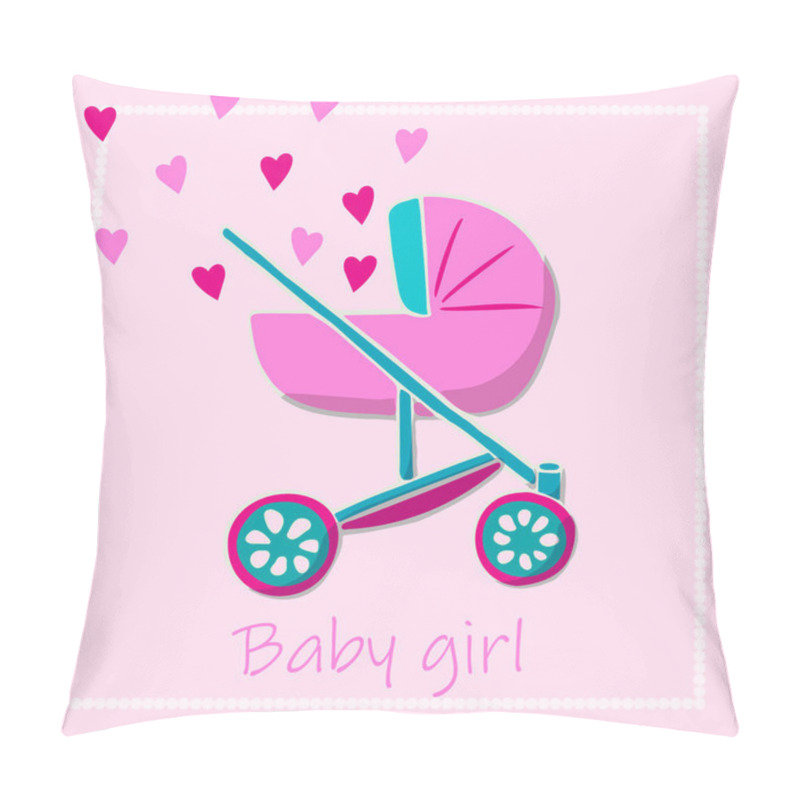 Personality  Pink and turquoise baby carriage with flying hearts from it. Welcome party postcard, baby shower invitation with childish elements in turquoise and pink colors. Lettering baby girl. pillow covers