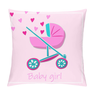 Personality  Pink And Turquoise Baby Carriage With Flying Hearts From It. Welcome Party Postcard, Baby Shower Invitation With Childish Elements In Turquoise And Pink Colors. Lettering Baby Girl. Pillow Covers