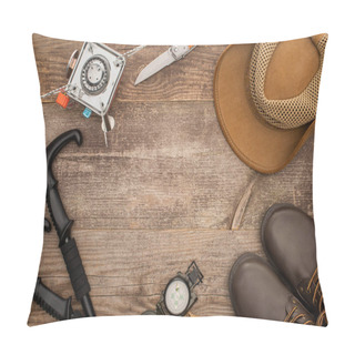 Personality  Top View Of Trekking Poles, Gas Burner, Jackknife, Hat, Boots And Compass On Wooden Table Pillow Covers