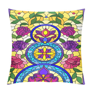Personality  Illustration In The Stained Glass Style With An Abstract Flower Arrangement On A Light Yellow Background, Vertical Image Pillow Covers