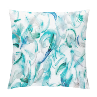 Personality  Seamless Background With Green, Grey And Turquoise Fluffy Bright Feathers Isolated On White Pillow Covers