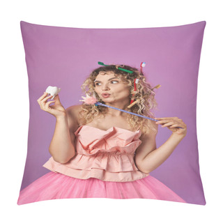 Personality  Cheerful Tooth Fairy In Pink Outfit Casting Spell On Tooth With Magic Wand Posing On Pink Backdrop Pillow Covers