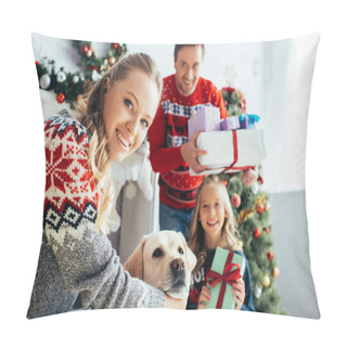Personality  Selective Focus Of Happy Woman Cuddling Dog Near Daughter And Husband With Gifts On Christmas  Pillow Covers