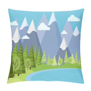 Personality  Spring Or Summer Mountain Landscape Scene With Lake Water, Green Trees, Spruces, Clouds, Grass, Sky In Cartoon Flat Style. Summer Vector Nature Background Illustration. Pillow Covers