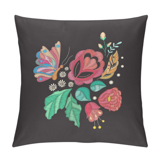Personality  Vector Embroidery Design. Colored Floral Pattern With Decorative Embroidered Flowers, Leaves, Butterfly And Feather Pillow Covers