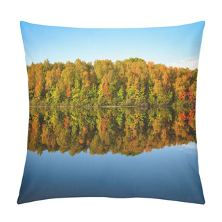 Personality  Autumn Trees Reflecting In Still Calm Lake. River Current Running Through Lake. Fall Colors Lakeshore. Horizontal Scenic Landscape Pillow Covers