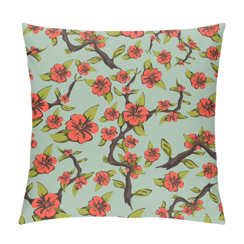 Personality  Seamless pattern of cherry blossoms. Abstract bright orange flowers on a branch with leaves on a pale green background. Vector illustration pillow covers