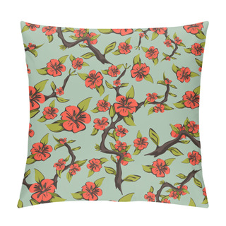 Personality  Seamless Pattern Of Cherry Blossoms. Abstract Bright Orange Flowers On A Branch With Leaves On A Pale Green Background. Vector Illustration Pillow Covers