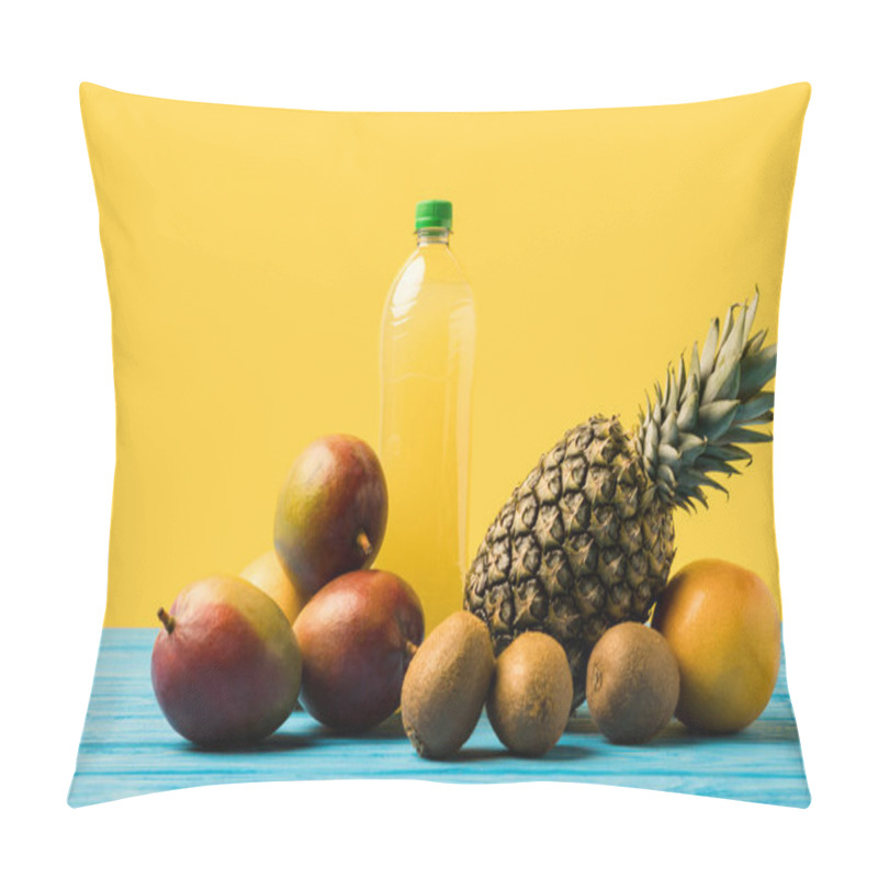 Personality  Fresh Ripe Tropical Fruits And Natural Fruity Drink In Plastic Bottle On Turquoise Wooden Table Pillow Covers