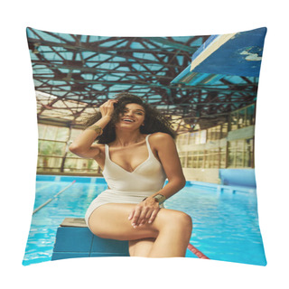Personality  Excited African American Woman In Bathing Suit Sitting By Swimming Pool With Blue Water Pillow Covers