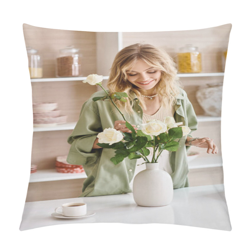 Personality  Woman Arranging Colorful Flowers In A White Vase In A Kitchen. Pillow Covers