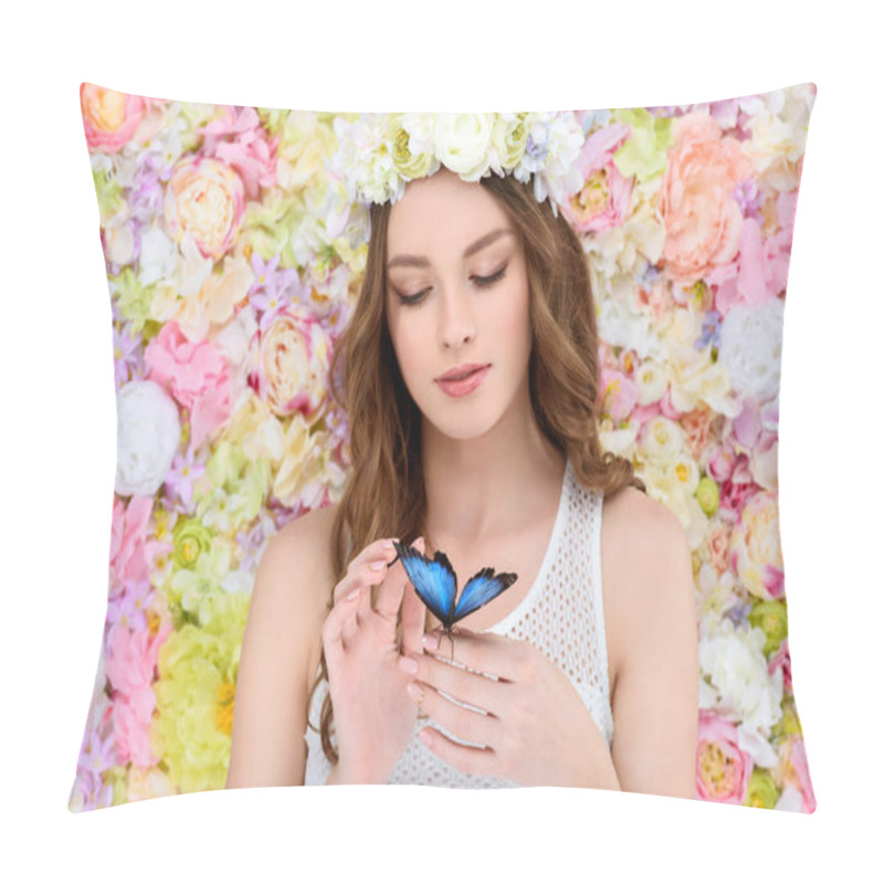 Personality  sensual young woman in floral wreath with butterfly on hand pillow covers