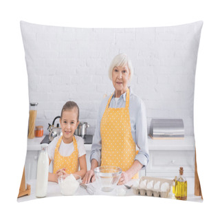 Personality  Grandmother And Smiling Kid Looking At Camera Near Ingredients And Digital Tablet  Pillow Covers