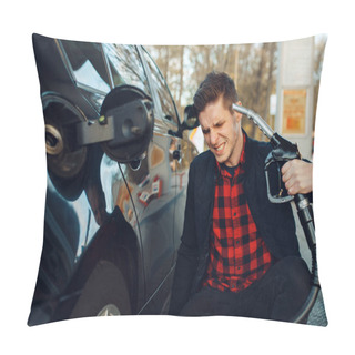 Personality  Stressed Man With Gun At His Head On Gas Station, High Price On Fuel Concept. Petrol Fueling, Gasoline Or Diesel Refuel Service Pillow Covers
