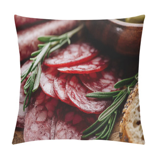Personality  Close Up View Of Delicious Sliced Salami With Rosemary And Bread On Wooden Cutting Board Pillow Covers