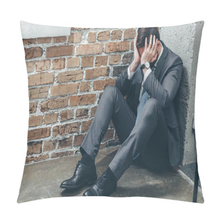 Personality  Sad Man In Grey Suit Sitting In Corner On Floor And Crying On Textured Background In Room, Grieving Disorder Concept Pillow Covers