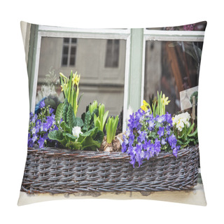 Personality  Wicker Basket With Spring Flowers On The Window Pillow Covers