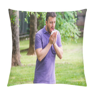 Personality  Man With Allergy Or Ill With Hay Fever Sneezing And Cleaning Nose Pillow Covers
