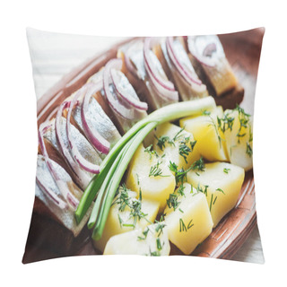 Personality  Close Up Of Delicious Marinated Herring With Potatoes And Onions In Earthenware Plate Pillow Covers