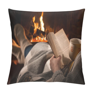 Personality  Woman Reads Book Near Fireplace Pillow Covers