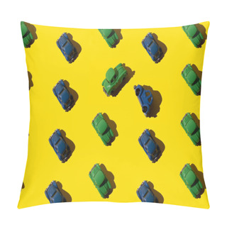 Personality Toy Retro Blue And Green Cars In Seamless Pattern On Yellow Background. Two Car Had An Accident And Turned On Its Side Pillow Covers