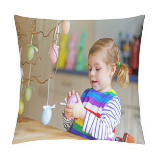 Personality  Cute Little Toddler Girl Decorating Tree Bough With Colored Pastel Plastic Eggs. Happy Baby Child Having Fun With Easter Decorations. Adorable Healthy Smiling Kid In Enjoying Family Holiday Pillow Covers