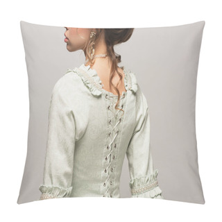 Personality  Cropped View Of Young Woman In Vintage Dress With Lacing On Back Isolated On Grey Pillow Covers