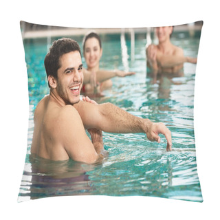 Personality  Smiling Trainer Looking At Camera While Exercising With Young People In Swimming Pool Pillow Covers