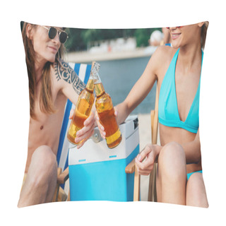 Personality  Young Man And Woman Clinking Bottles Of Beer While Sitting In Chaise Lounges Near Portable Fridge Pillow Covers