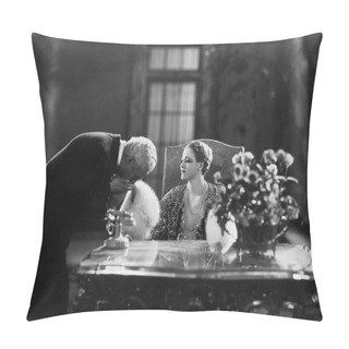 Personality Man Kissing Hand Of Woman Sitting At Desk Pillow Covers
