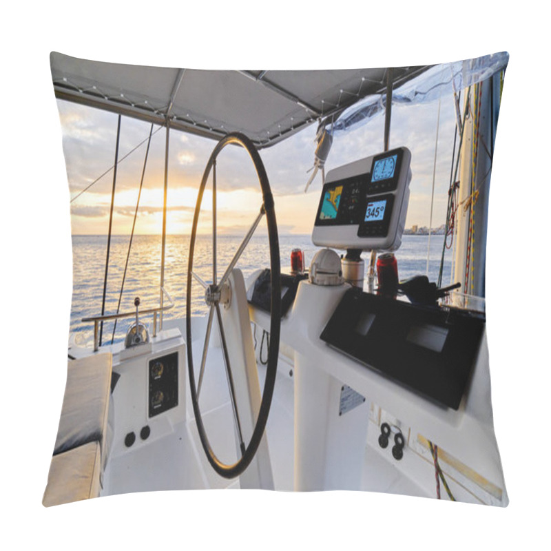 Personality  Idyllic Scenery Glowing Sundown Ocean Calm Water View From Catamaran Flybridge Open Deck Pillow Covers