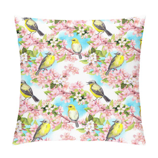 Personality  Spring Flowers, Song Birds With Blue Sky. Floral Repeating Background. Watercolor Pillow Covers