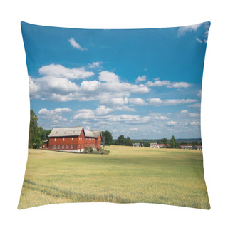 Personality  Rural Scene With Field And Houses Under Blue Sky, Hamar, Hedmark, Norway Pillow Covers