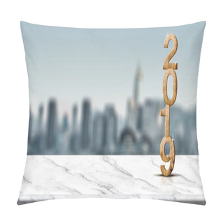 Personality  New Year 2019 Wood Number (3d Rendering) On White Marble Table At Blur Abstract Cityscape Bokeh Background,Mock Up Banner Space For Display Or Montage Of Product,holiday Celebration Greeting Card Pillow Covers