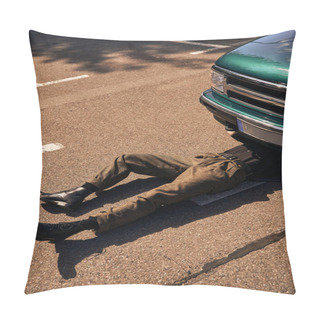 Personality  Young Stylish Male Model In Black Trendy Urban Outfit Lying Under His Car And Repairing It Pillow Covers