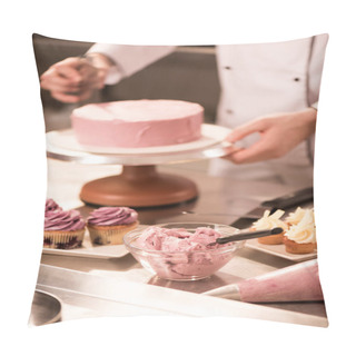 Personality  Cropped Shot Of Confectioner Making Cake In Restaurant Kitchen Pillow Covers