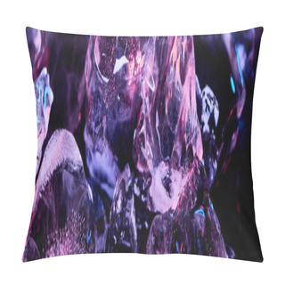 Personality  Panoramic Shot Of Transparent Ice Cubes With Purple Colorful Lighting Isolated On Black Pillow Covers