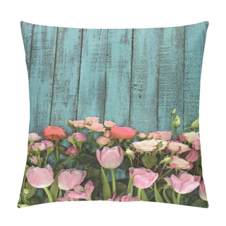 Personality  Top View Of Beautiful Flowers Over Green Wooden Background Pillow Covers