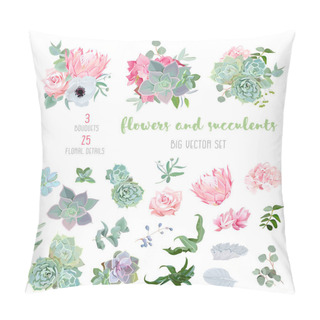 Personality  Succulents, Protea, Rose, Anemone, Echeveria, Hydrangea, Decorative Plants Big Vector Collection Pillow Covers