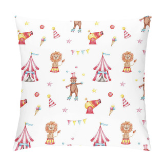 Personality  Seamless Pattern With Circus Bear, Lion And Striped Tent, Colorful Flags; Watercolor Hand Draw Illustration; With White Isolated Background Pillow Covers