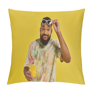 Personality  A Man Wearing A Colorful Tie-dye Shirt Is Holding A Drink In His Hand, Standing In A Relaxed Pose. Pillow Covers