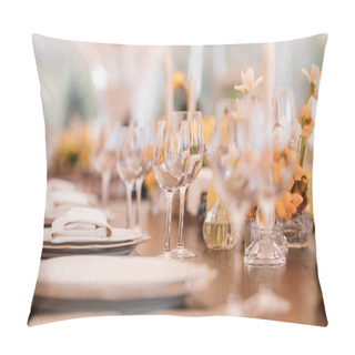 Personality  Served Dinner Table Setting In A Restaurant Pillow Covers