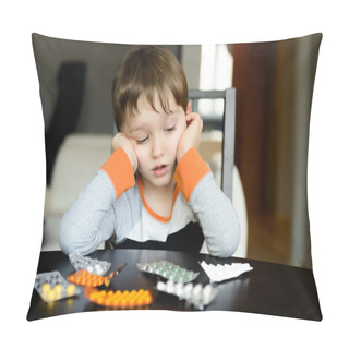 Personality  Worried 4 Year Old Boy Sitting At The Table With Medications Pillow Covers